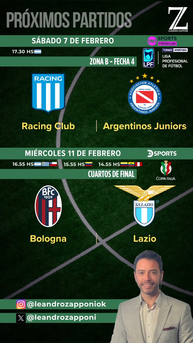 leandrozapponi's tweet image. Se vienen lindos días con #Futbol por delante ! Los esperamos @TNTSportsAR 📺 con la #Fecha4 de la
@LigaAFA 🇦🇷 y con el el último partido de los cuartos de final de la #CopaItalia 🇮🇹 por @DSports  📺
☝️😀🐸⚽️
#NoTeLoPodésPerder