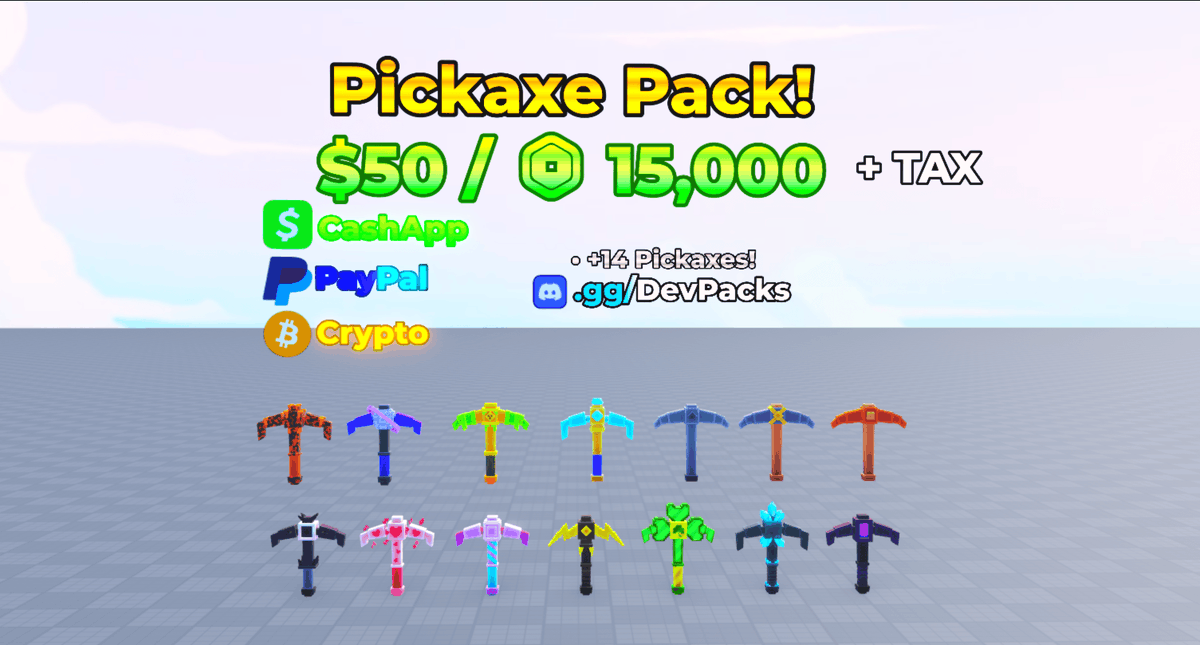 💫 BEST PICKAXE PACK!

⭐️ 14 UNIQUE PICKAXES

💵 $50 OR 15k R$ (+TAX)

📩 JOIN: discord.gg/DevPacks

#Roblox #RobloxDev #Brainrot #cheap #GameDev #Sale #pack
