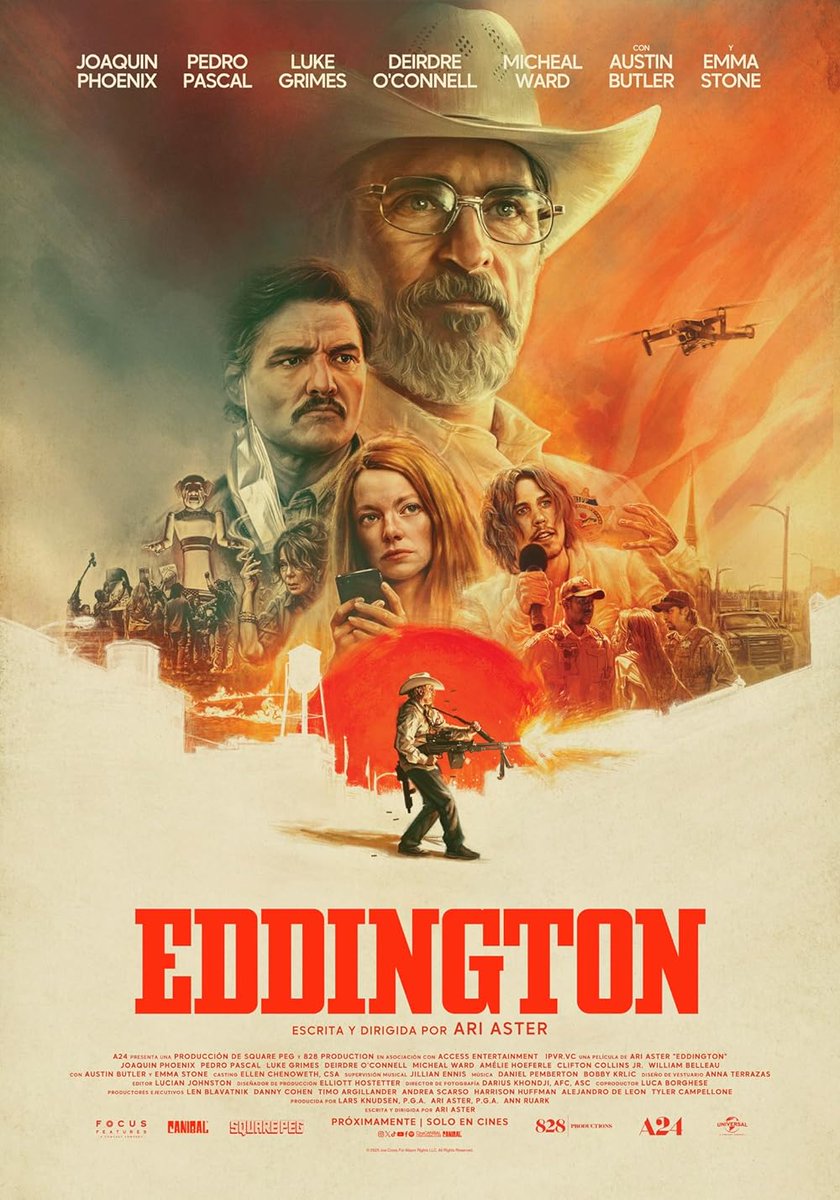 Eddington (Ari Aster, 2025)
Soy poco fan del director, pero esta me ha gustado. Retrata muy bien la idiocia general de la población (da igual el bando) y encima nos regala una película tensa y adscrita al thriller, de esos de policías a los que se les va la olla. #Efeméride
