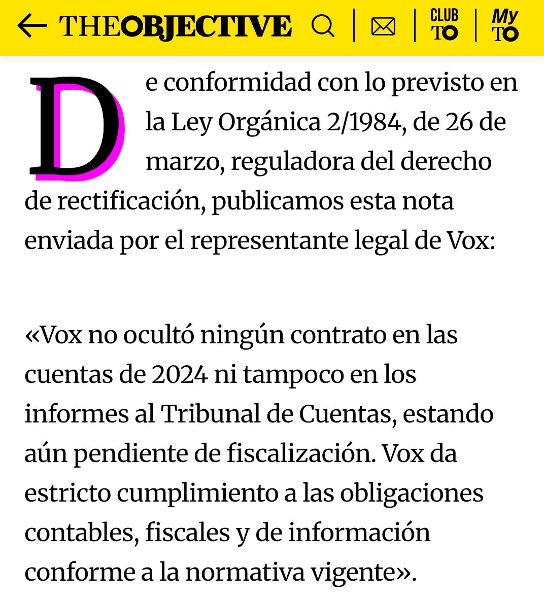 🔴 URGENTE

The Objective es obligado por VOX a rectificar tras la publicación de una información falsa sobre ellos.

Han publicado la rectificación con un titular falso nuevamente y a las 2:59am, para que nadie se entere. 

Sería una pena que difundiéramos masivamente esta