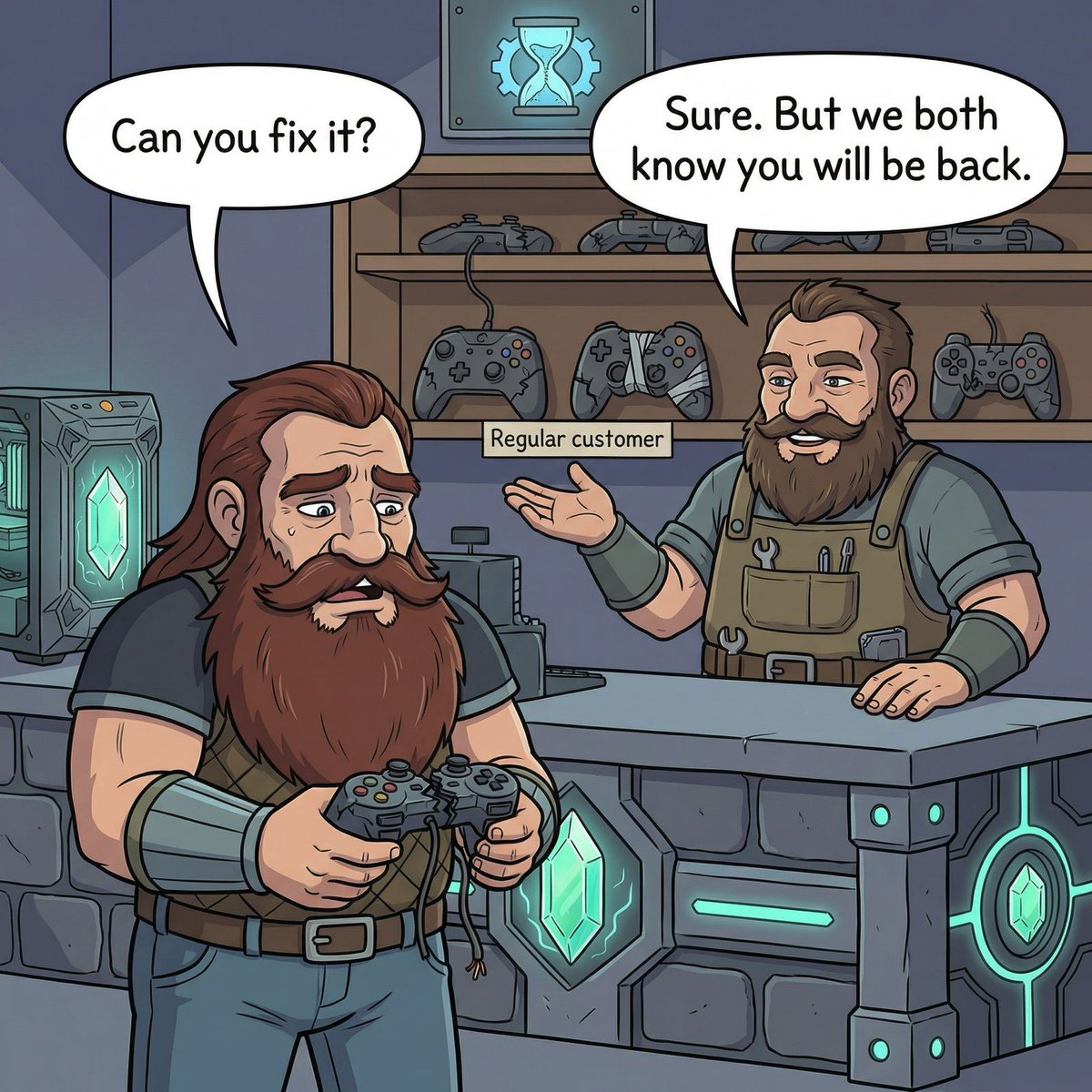 hourglassworld's tweet image. From “gaming is my relaxation” to “the repair shop knows me by name”.

#GamingRage #RegularCustomer