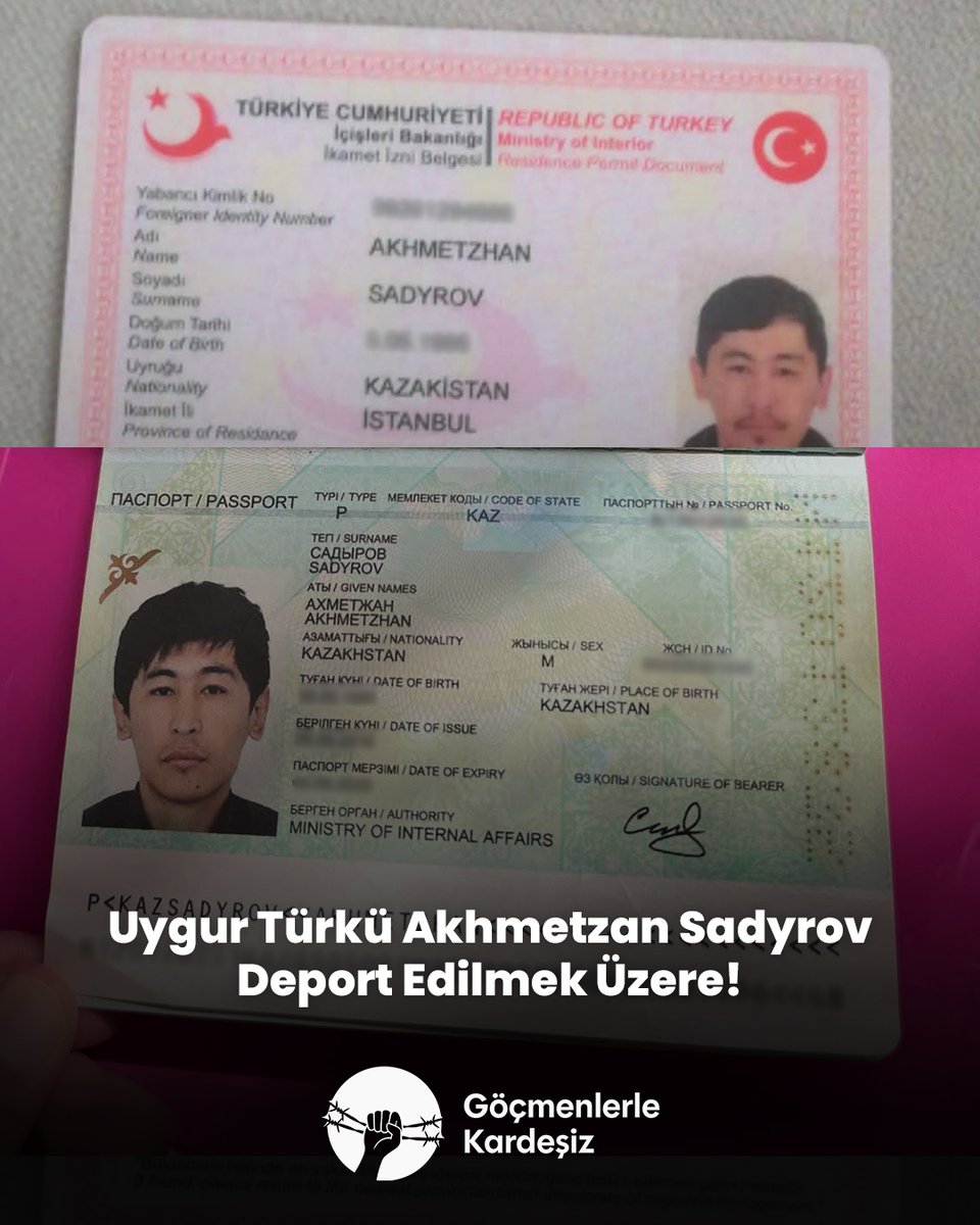 gocmenlerle's tweet image. Aslen Uygur Türkü olan Kazakistan vatandaşı Akhmetzan Sadyrov iade riskiyle karşı karşıya!

Akhmetzan'ın annesi Gulbahar Jalilova daha önce 15 ay Çin'in toplama kamplarında kalmış, daha sonra oradaki zulme dair tanıklıklarını kamuoyuyla paylaşması nedeniyle Sadyrov ailesi…