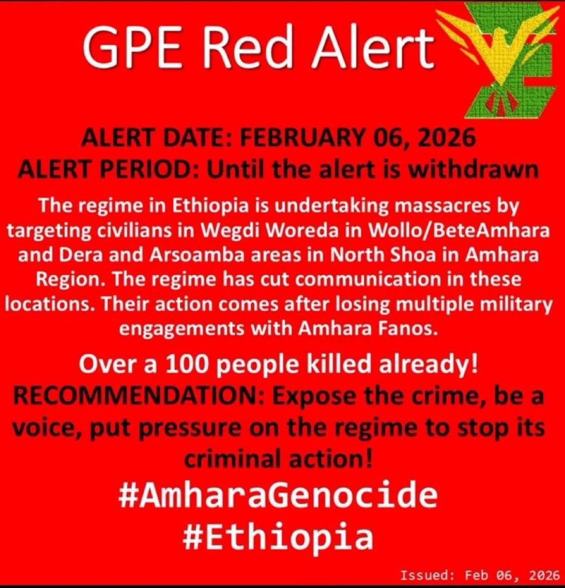 -  Reports of communications blackouts and restricted access following the Wegdi Massacre hinder documentation, humanitarian response, and accountability.
#HumanRights #SaveAmharaCivilians
#WegdiMassacre #EndAmharaGenocid