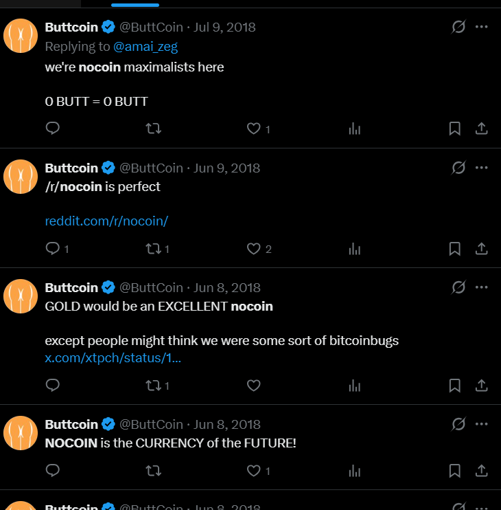 the_szn_'s tweet photo. Buttcoin is 40mil+ and the perfect beta is $NOCOIN

Buttcoin community is based on being Nocoiners (meaning against BTC)

Nocoin reddit was created as a joke by Buttcoin, and they said NOCOIN is the currency of the future

I dont see how this isnt the best beta, as its a MEME REDDIT, posted by Buttcoin and buttcoin is based on r/Buttcoin?

https://t.co/bygMquDvya

https://t.co/u8eJTr22fe
