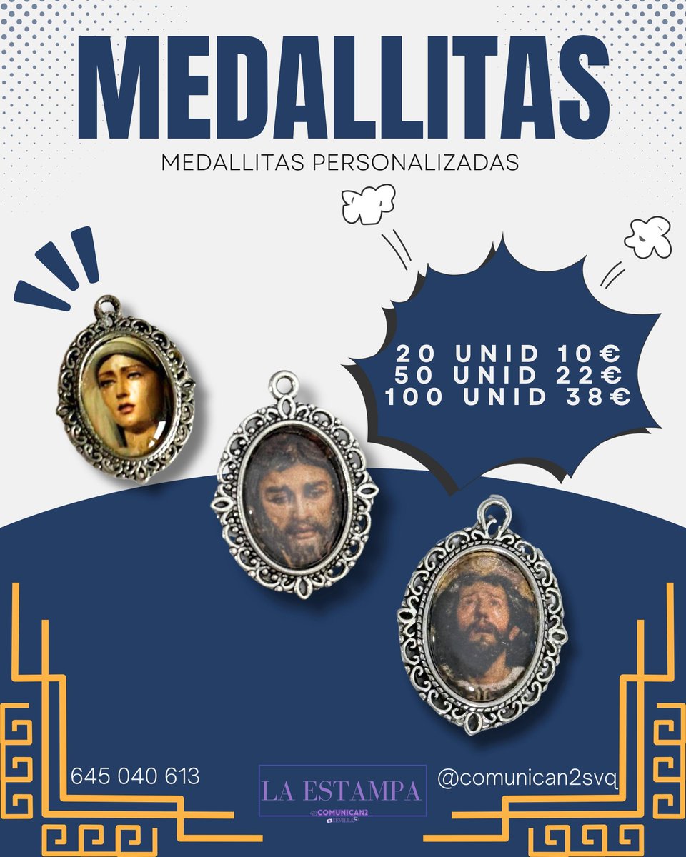 comunican2svq's tweet image. 📢¡Cofrades!
Haz ya tu pedido de rstampsd, medallitas, bustos, piruletas... 

Info y presupuesto por WhatsApp en el 645040613