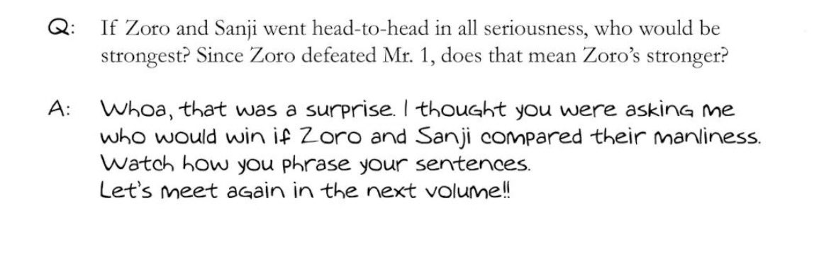 That time someone asked Oda who was stronger between Zoro and Sanji in a SBS