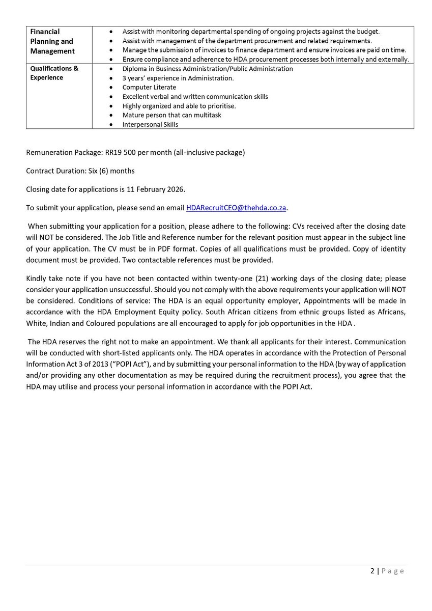 Housing Development Agency is hiring a Administration Assistant.

Closing Date 11 February 2026
Email your CV and certified copies of qualifications to HDARecruitCEO@thehda.co.za