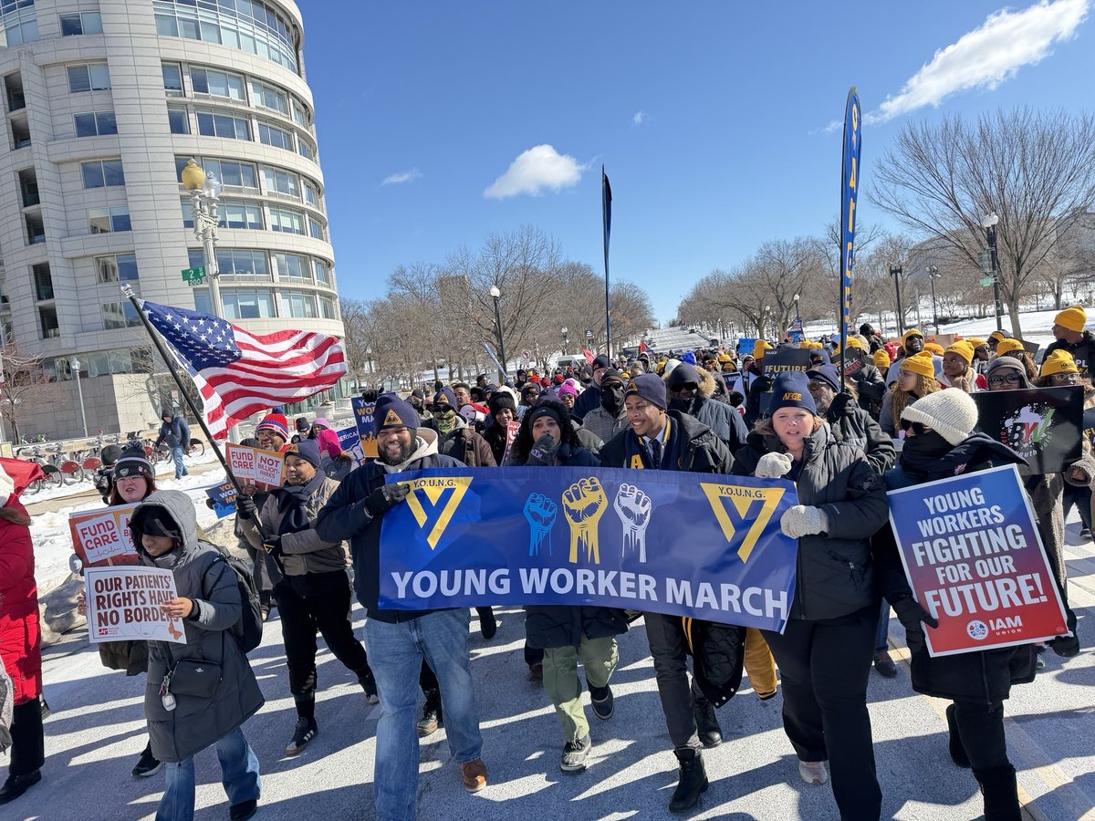 LizShuler's tweet photo. We marched in the freezing cold today because young workers refuse to accept a rigged economy. Rent is out of control. Child care is unaffordable. Student debt is endless. Young workers with @AFGENational and all our unions are organizing for a future they can actually thrive in. https://t.co/v55kgjlAJu