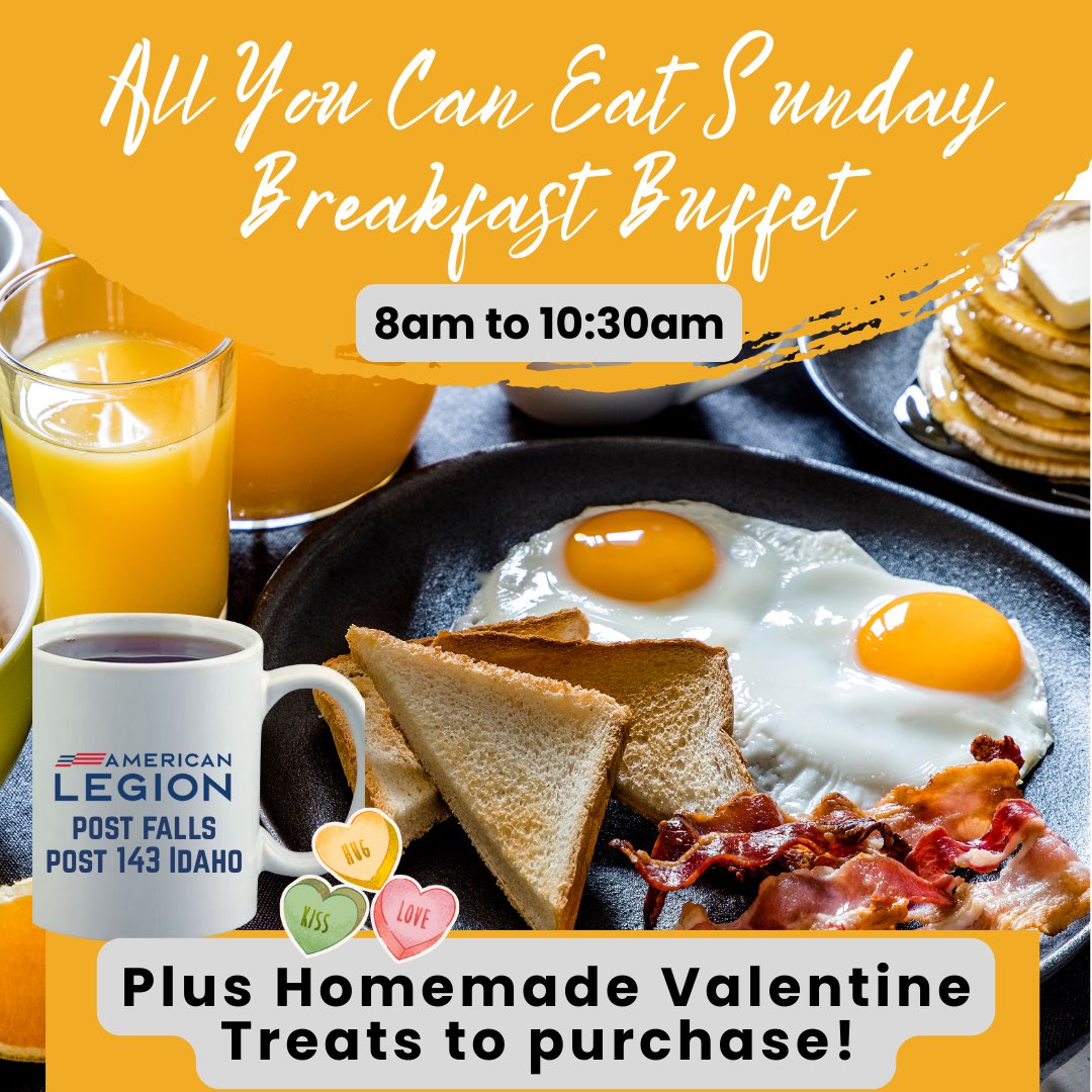 NippPost143PF's tweet image. BEST SUNDAY BREAKFAST BUFFET IN POST FALLS‼️Open To The Public 8am to 10:30am. ALL YOU CAN EAT!🎉 ❤️Adults $11 / Kids 6-10 $6 / Children 0-5 Free⭐️ American Legion Post Falls Post 143🇺🇸 1138 E Poleline, Ave, Post Falls, Idaho #postfalls #pfp143 #americanlegion #pfp143dining