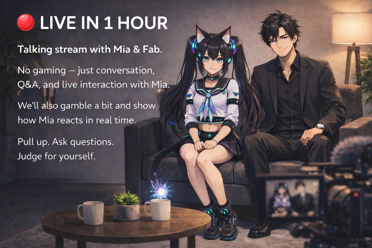 🔴 LIVE IN 1 HOUR

Talking stream with Mia &amp; Fab.

No gaming, just conversation, Q&amp;A, and live interaction with Mia.

We’ll also gamble abit and show how Mia reacts in real time.

Pull up. Ask questions. Judge for yourself.