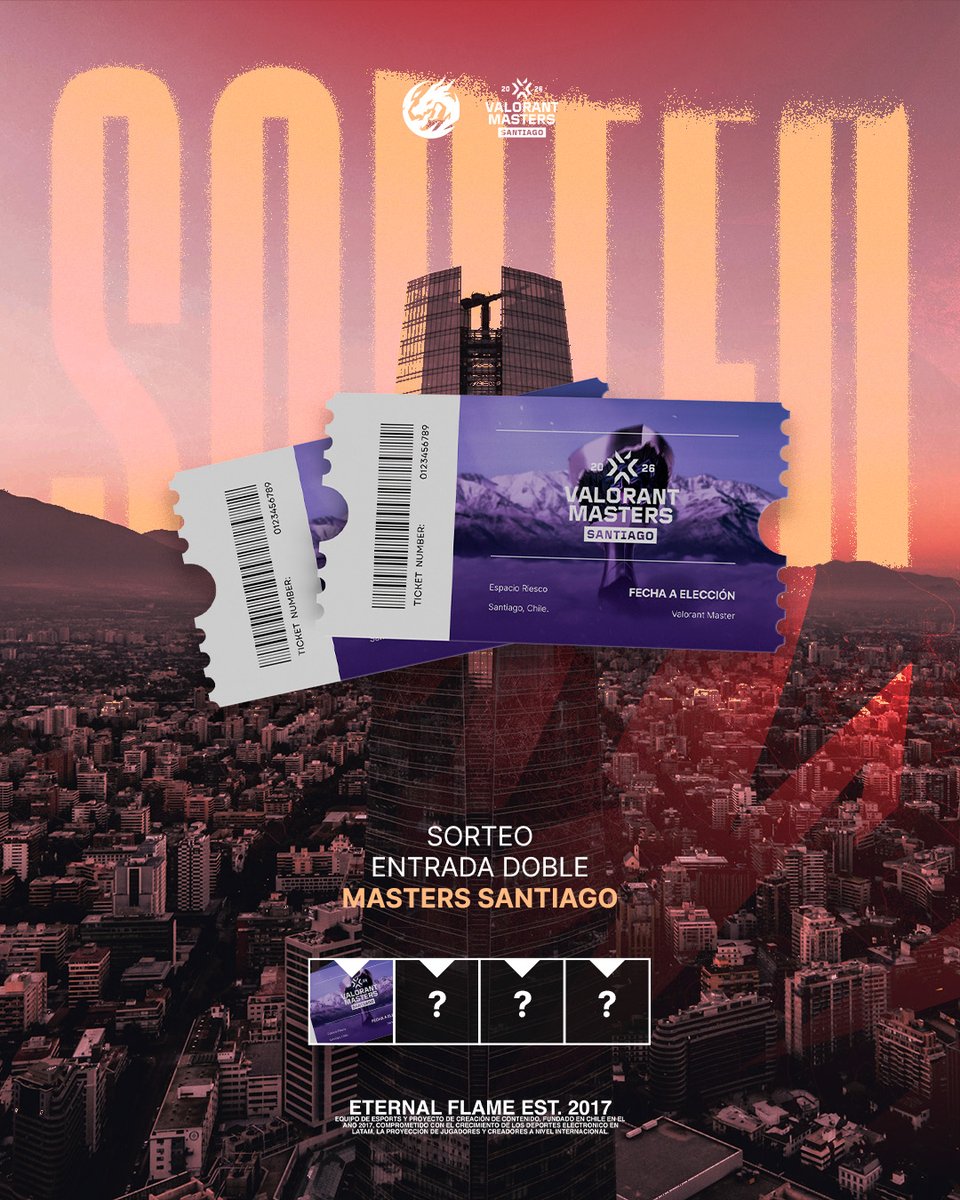 ¡COMIENZA EL VIAJE! | #RoadToSantiago 🔥✈️

No había mejor manera de empezar este viaje que con un sorteito! - SORTEO DE ENTRADAS DOBLES para la #ValorantMastersSantiago 🇨🇱🎟️

Para participar: 
✅ Seguirnos en <a href="/EternalFlameCL/">Eternal Flame</a> (Instagram y X)
♻️ Like &amp; RT a este post
🫂 Etiqueta a