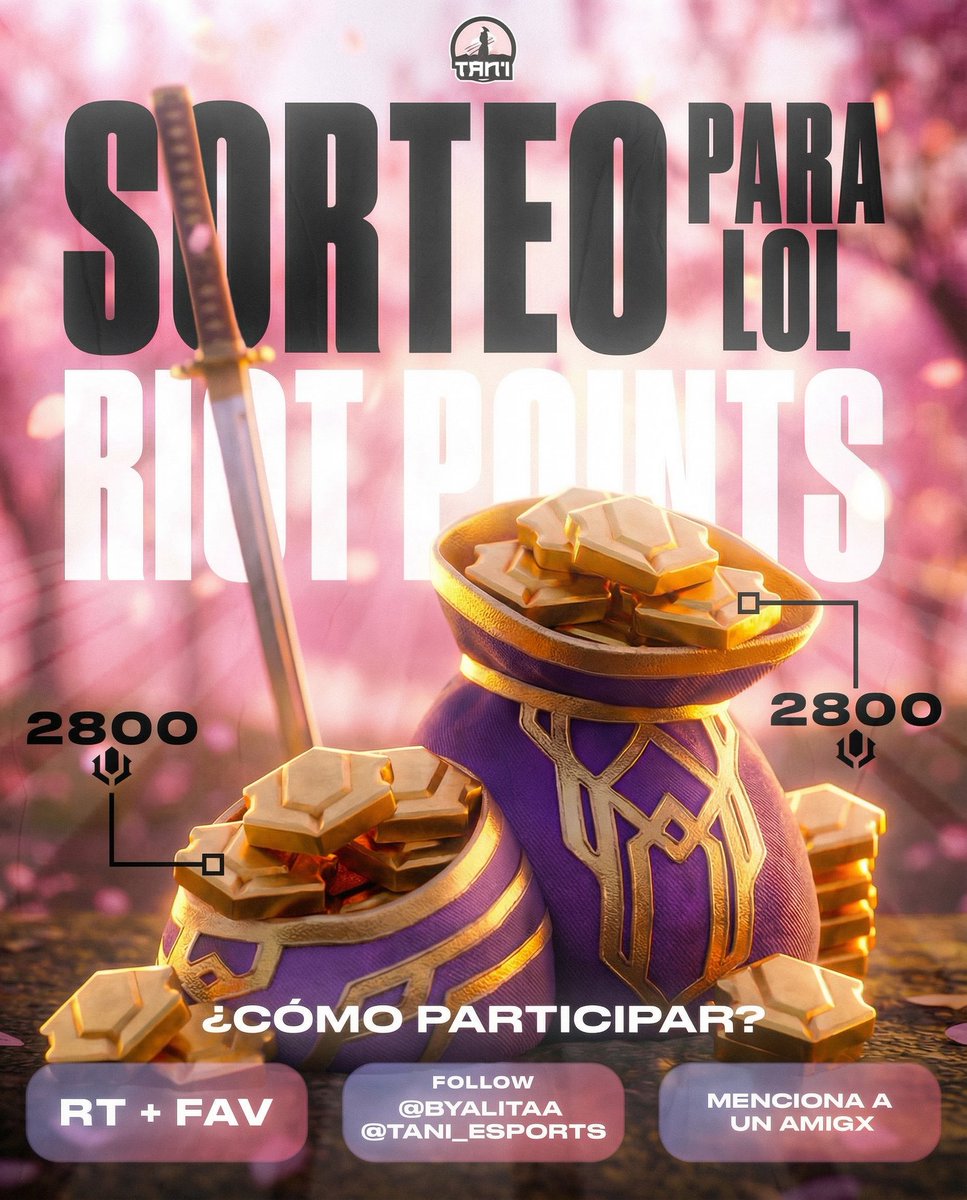 🎀 SORTEO RIOT POINTS 🎀

Junto a Tan'i eSports sorteamos 𝟮𝟴𝟬𝟬 𝗥𝗣 para gastar en el LoL !!

Para participar:
- RT + 💗 a este tweet
- Follow <a href="/byalitaa/">alita ˚˖𐙚 ̊⊹</a> &amp; <a href="/tani_esports/">Tan'i (単位) eSports</a>
- Menciona a un amigx

📅 Finaliza: 14/02, suerte a todos <3