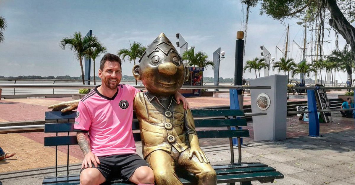 En los ojos del mundo. Guayaquil se promociona con la llegada del 10, que juega con el Inter de Miami frente a Barcelona este 7 de febrero. Esta foto de Messi, junto a la estatua de Juan Pueblo en el Malecón Simón Bolívar será un sello para promocionar a la ciudad.