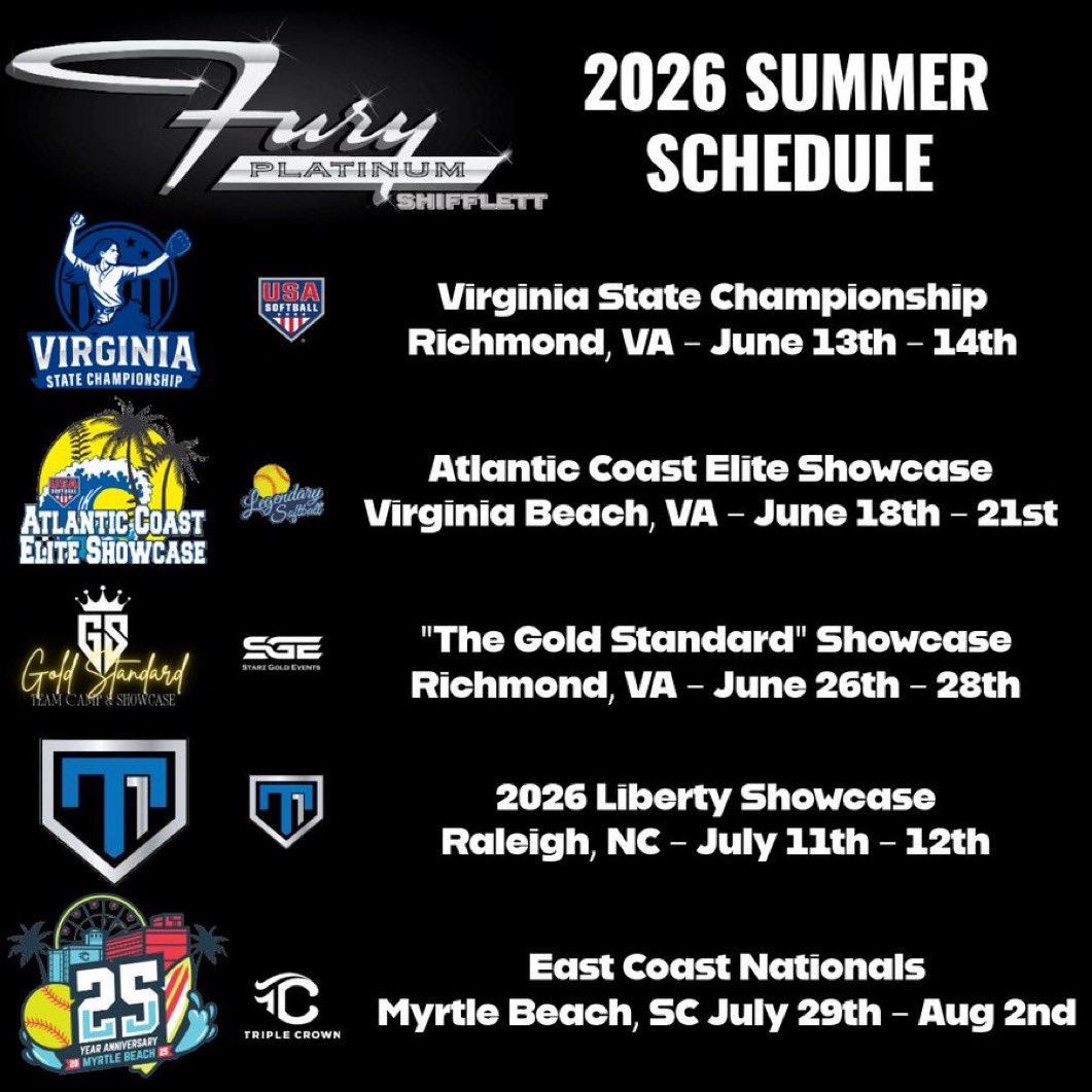 Summer schedule is set ☀️🥎
Excited for a busy few months of competition and growth.
Coaches—here’s my schedule ⬇️
#SoftballRecruiting #SummerBall
<a href="/fplatinumshiff/">VA Fury Platinum Shifflett</a> 
<a href="/FuryPlatinumVA/">Fury Platinum Virginia</a> 
<a href="/CoastRecruits/">Coast 2 Coast Recruits</a> 
<a href="/ExtraInningSB/">EXTRA INNING SOFTBALL</a> 
<a href="/SBRRetweets/">Softball Recruiting Reposts</a> 
<a href="/Get2CollegAth/">Get 2 College Athletics</a> 
<a href="/IHartFastpitch/">I❤️Fastpitch</a> 
<a href="/SalisburySB/">Salisbury Softball</a>