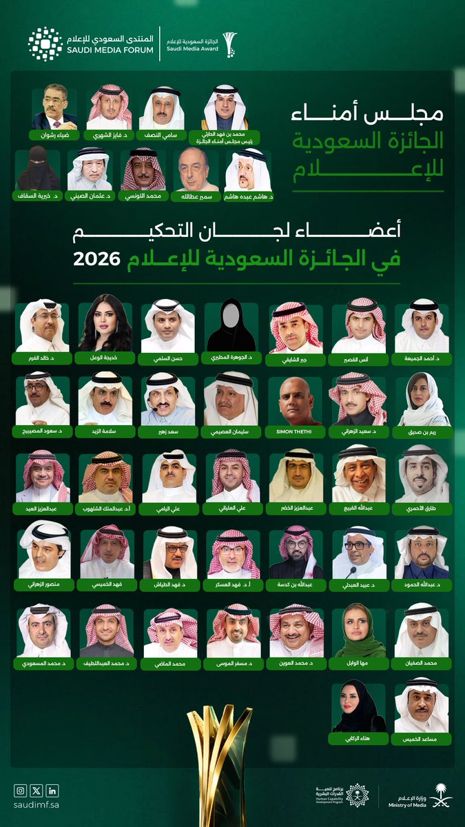 بخبراتٍ إعلاميةٍ راسخة، وتنوّعٍ مهني يعكس ثراء المشهد السعودي، يضمّ مجلس الأمناء وأعضاء لجان التحكيم في #الجائزة_السعودية_للإعلام 2026 نخبةً من القامات التي تتولى مسؤولية تقييم المنجز الإعلامي وفق أعلى معايير الاحتراف والتميّز.

#المنتدى_السعودي_للإعلام