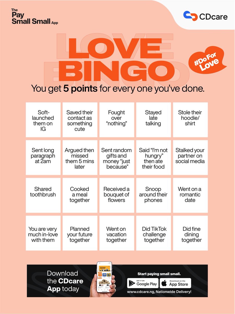 CDcareNG's tweet photo. What’s your total score?

How serious is your love-live?
Drop your answer in the comment and share this post with your friends.

#CDcare #Paysmallsmall #doforlove https://t.co/JIyEE1eCwp