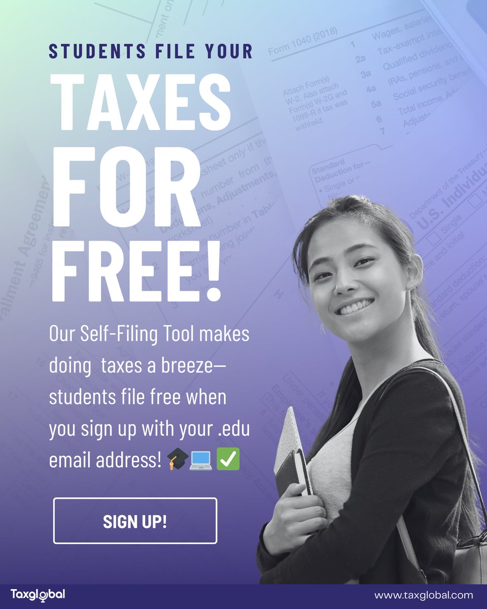 TaxGlobal_'s tweet photo. Are you a college student who works too? 

Don’t spend your paycheck on tax software. File FREE with TaxGlobal using your .edu 💻

Sign up here: https://t.co/xEeiJvQdqJ

#TaxGlobal #TaxSeason #CollegeStudentPerks #2025Taxes #EFile #EFiling #SelfFile #TaxTwitter https://t.co/JxDOUxAfpf