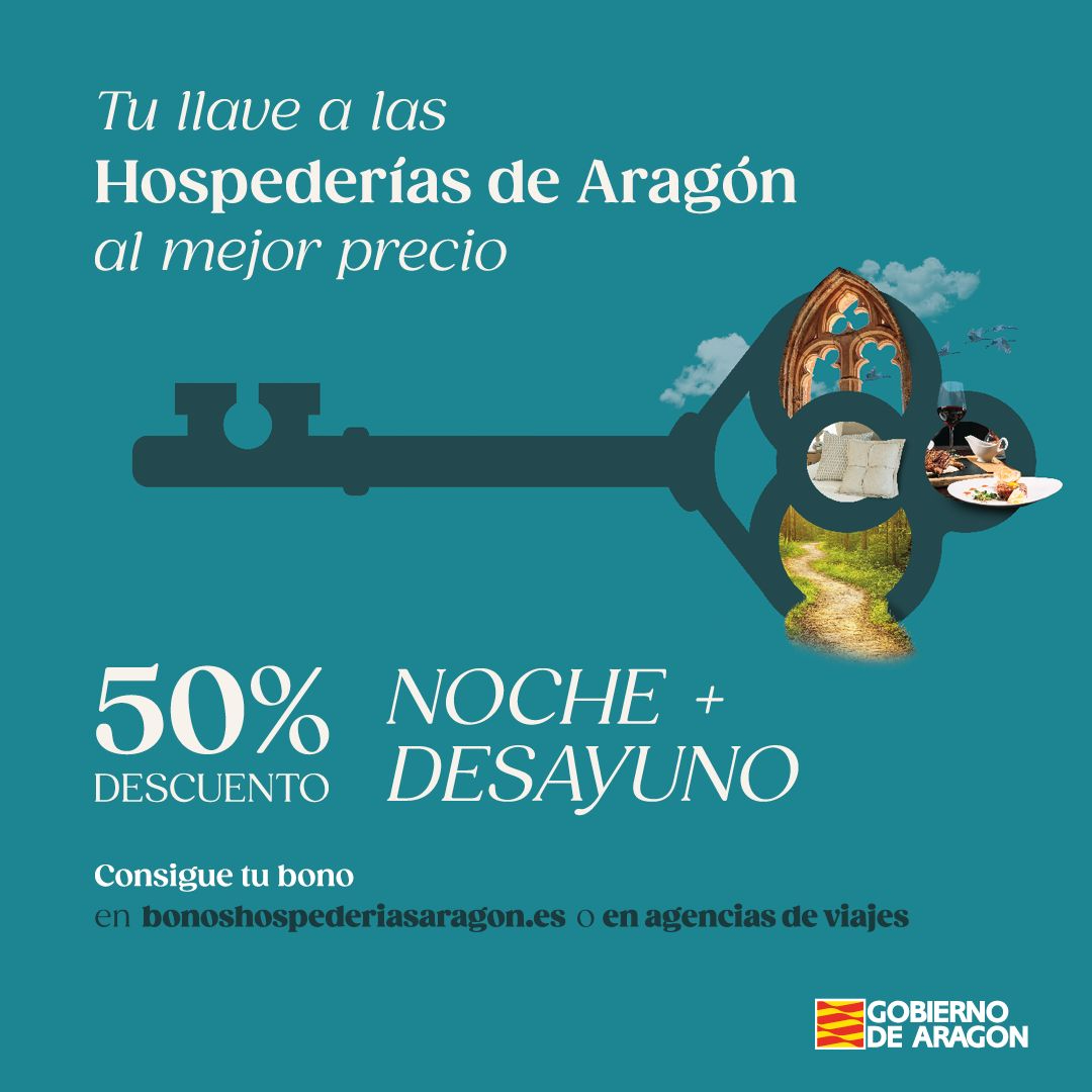 🏨 Bono de Hospederías de Aragón. 

Los aragoneses pueden disfrutar de un 50 % de descuento en estancias en la Red de Hospederías de Aragón.

 👉 Hasta 5 bonos por persona, para una noche en habitación doble con desayuno. 

📲 f.mtr.cool/pujjzgkdjg