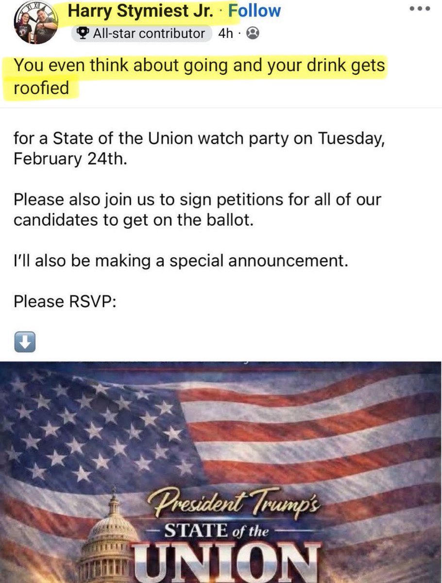 Meet Harry Stymiest Jr.  

On February 24th, the Young Republicans of Beaver County are hosting a State of the Union Watch party. 

In response, Harry wrote, 

“You even think about going and your drink gets roofied.”

After Charlie Kirk’s assassination, we take every potential