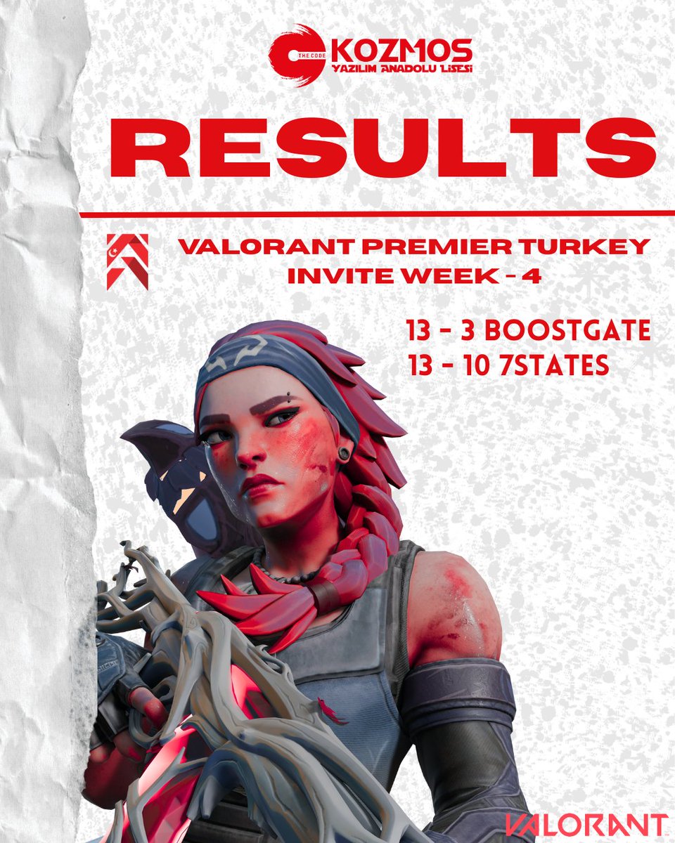 🇹🇷 VALORANT Premier Türkiye Invite 4. Hafta müsabakalarında, 2 WIN alarak haftayı tamamlıyoruz.

🆚 <a href="/boostgateesport/">BoostGate Esports</a> : 13 - 3
🆚 <a href="/7statesesports/">7 States Esports</a> : 13 - 10

❤️ Rakiplerimizin ellerine sağlık. 
👋 Haftaya görüşmek üzere.  
#kozmosesports #kozmoslisesi #letsgokozmos #kze
