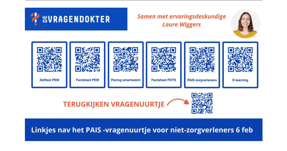 𝗣𝗔𝗜𝗦 -𝘃𝗿𝗮𝗴𝗲𝗻𝘂𝘂𝗿𝘁𝗷𝗲 𝘁𝗲𝗿𝘂𝗴𝗸𝗶𝗷𝗸𝗲𝗻
Huisarts Jojanneke Kant en ervaringsdeskundige Laure Wiggers hebben online vragen beantwoord over PAIS. Woensdag  4 februari voor zorgverleners en vrijdag 6 februari voor patiënten en mantelzorgers.
Je kunt nu terugkijken: