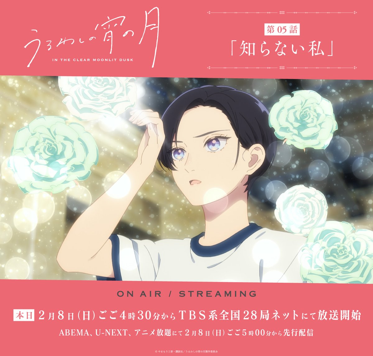 ⋆✩⋆✩⋆ ~~~~ ⋆⋆⋆ ~~

TVアニメ『うるわしの宵の月』
📕第05話「知らない私」

~~ ⋆⋆⋆ ~~~~ ⋆✩⋆✩⋆

˚₊⊹
本　日　放　送　開　始
⊹₊˚

*+:｡.｡ 放送情報 ｡.｡:+*
ごご4時30分からTBS系全国28局ネットにて放送開始

*+:｡.｡ 配信情報 ｡.｡:+*