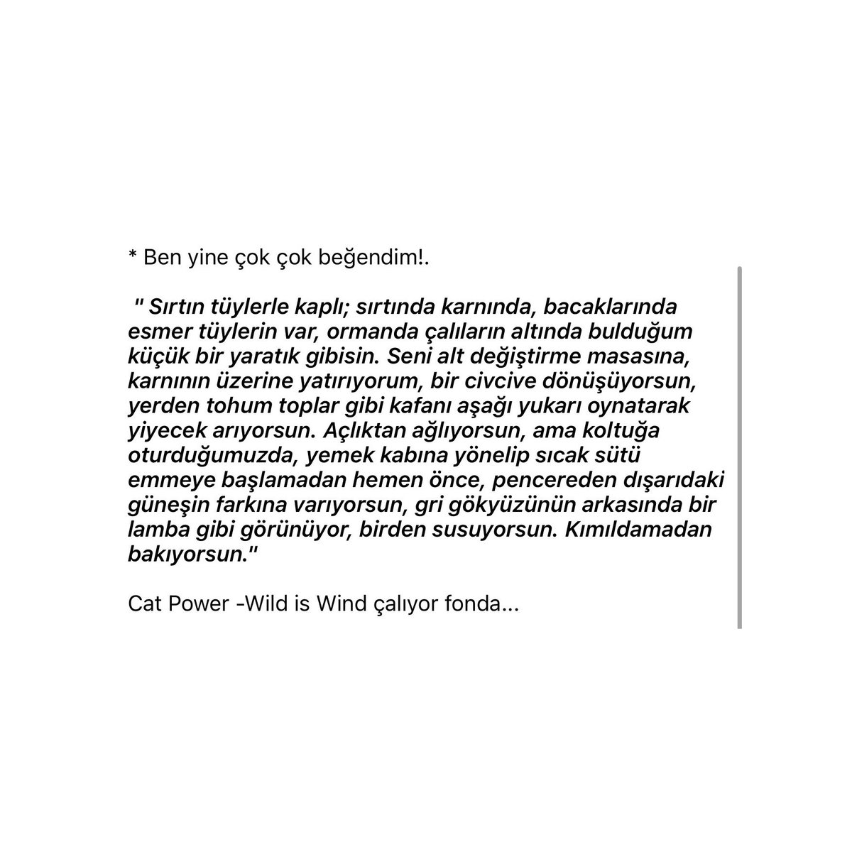 “Sırtın tüylerle kaplı; sırtında karnında, bacaklarında esmer tüylerin var, ormanda çalıların altında bulduğum küçük bir yaratık gibisin.“ <a href="/JaguarYayinlari/">Jaguar Kitap</a>  bizi yine Kjersti Skomvolds ile buluşturdu. Ölürken yaşama övgü ironisi 💕 çok seviyorum!