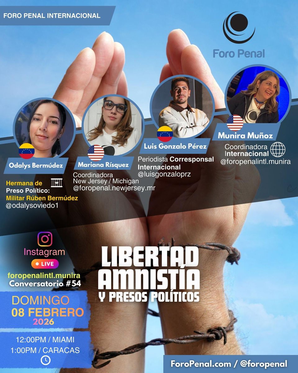 🕊️ 𝗟𝗜𝗕𝗘𝗥𝗧𝗔𝗗, 𝗔𝗠𝗡𝗜𝗦𝗧Í𝗔 𝗬 𝗣𝗥𝗘𝗦𝗢𝗦 𝗣𝗢𝗟Í𝗧𝗜𝗖𝗢𝗦

Este domingo 8 𝗱𝗲 𝗳𝗲𝗯𝗿𝗲𝗿𝗼, a la 𝟭:𝟬𝟬𝗽𝗺 CCS, acompáñanos en un nuevo Instagram Live de Foro Penal Internacional para conversar sobre una de las luchas más urgentes de Venezuela: la libertad de
