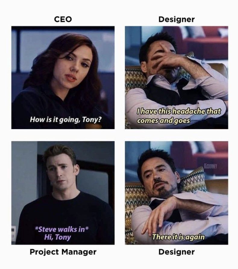 RebazTurab72584's tweet image. CEO: “How’s it going?”
Designer: “All good 🙂”
PM: “Just one small change…”
Designer: headache unlocked 🤕

If you know, you know.
#DesignMemes #DesignerLife #UXUI