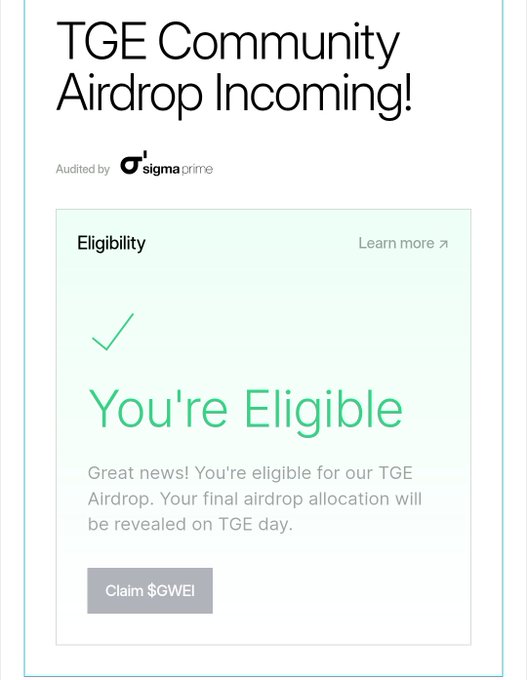 🔥 $GWEI AIRDROP IS ON 🔥

eth-gasfoundation.org/token

All that gas you burned on Ethereum? Time to reap the benefits.

Eligibility is based on how much gas you've spent on the ETH mainnet. Your past struggles are now your ticket to rewards.

You’re in if you:
→ Met the Gas ID