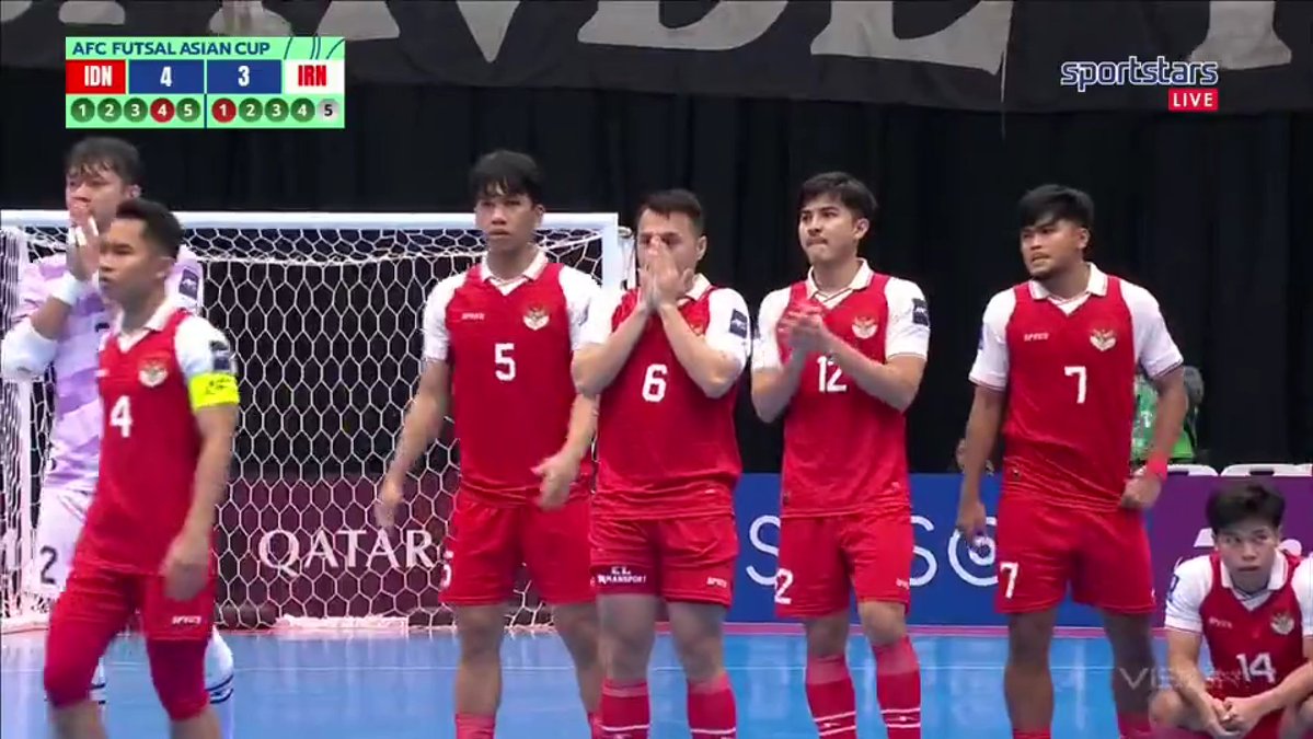 AFC Futsal Asian Cup 2026 | FINAL

FT Indonesia 5–5 Iran
⚽ Reza Gunawan 
⚽ Samuel Eko 
⚽⚽⚽ Israr M. 
—
⚽ H. Tayebi
⚽ Samuel Eko (OG)
⚽ Salar
⚽⚽ M. Karimi

PENS:
🇮🇩 🟢🟢🟢🔴🟢🔴
🇮🇷 🔴🟢🟢🟢🟢🟢

KEPALA TEGAK. TETAP BANGGA. 🇮🇩🇮🇩🇮🇩🇮🇩🇮🇩