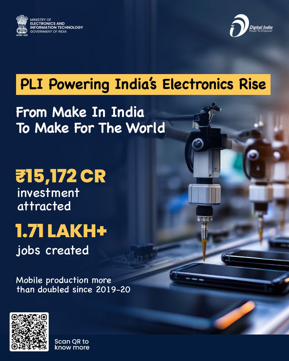 GoI_MeitY's tweet photo. The Production Linked Incentive (PLI) Scheme continues to accelerate India’s electronics manufacturing growth, driving investments, job creation, and large-scale production.

Click to know more: https://t.co/pxrZBT7Z1Y
#PLI #DigitalIndia @MeitY https://t.co/o22m6z2euN