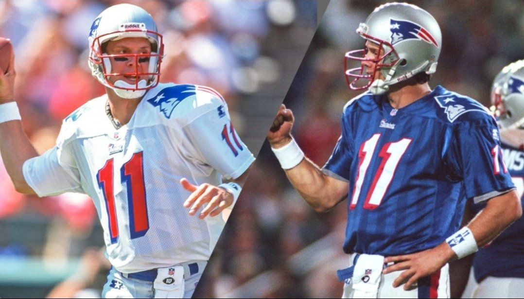 SavageSPK's tweet photo. @TomBradyEgo Bledsoe in 3rd tier and using sideline picture of him taken AFTER chest hit by Mo Lewis.. disgusting. 

He retired TOP 10 ALL TIME NFL TDs &amp; Yds at only 33.  Saved NE from move &amp; becoming St Louis Stallions. #11 welded, signed to last girder @ Gillette. Pats HOF 2nd tier minimum https://t.co/QUFBkrwsoo