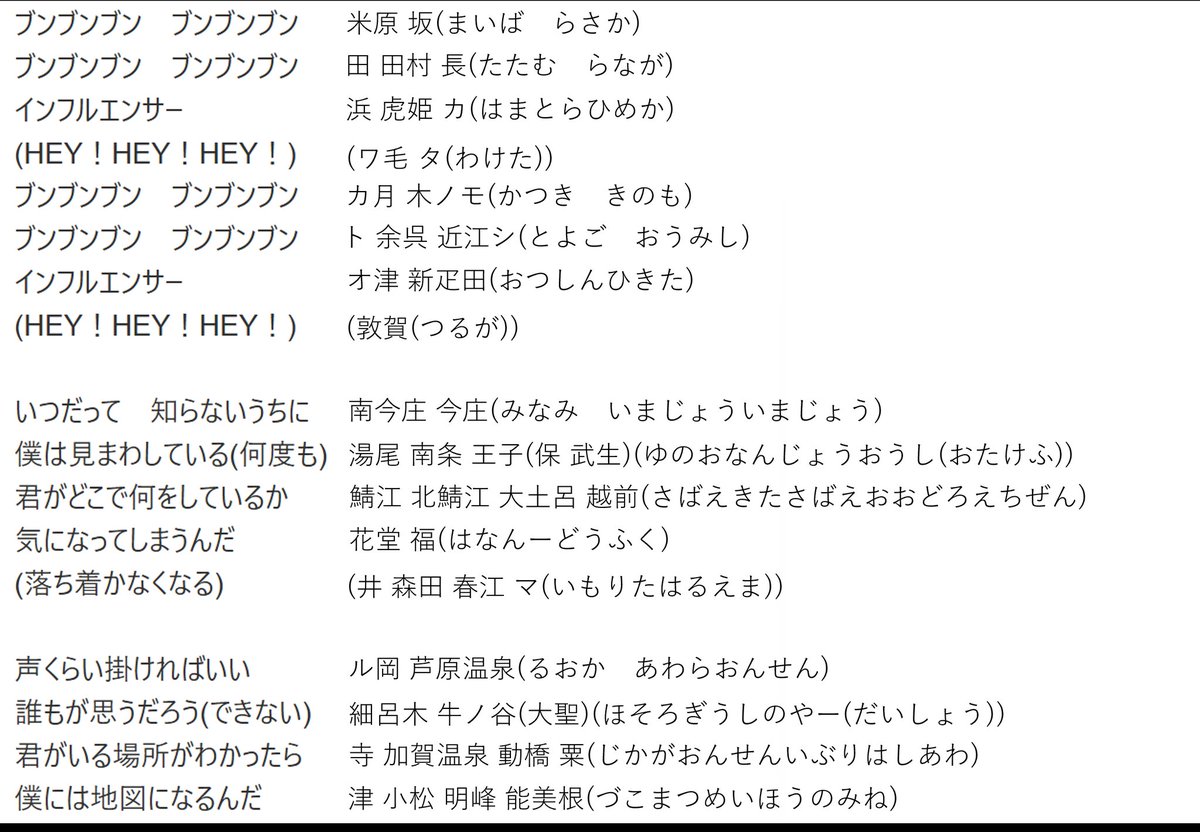 Pref_ara's tweet photo. 乃木坂のインフルエンサーって、どうぞ米原〜直江津まで駅名替え歌作ってくださいって曲なんかな？ww
ピッタリハマるんだがwww
全体的に区切りもいいし、曲の雰囲気も何となく北陸みあるかなと思うしww

個人的には、サビ始めの
「ふくお〜かにし〜たかおか〜
たかお〜かやぶな〜みたかおか〜」がつぼw https://t.co/8hbgUtWBJL