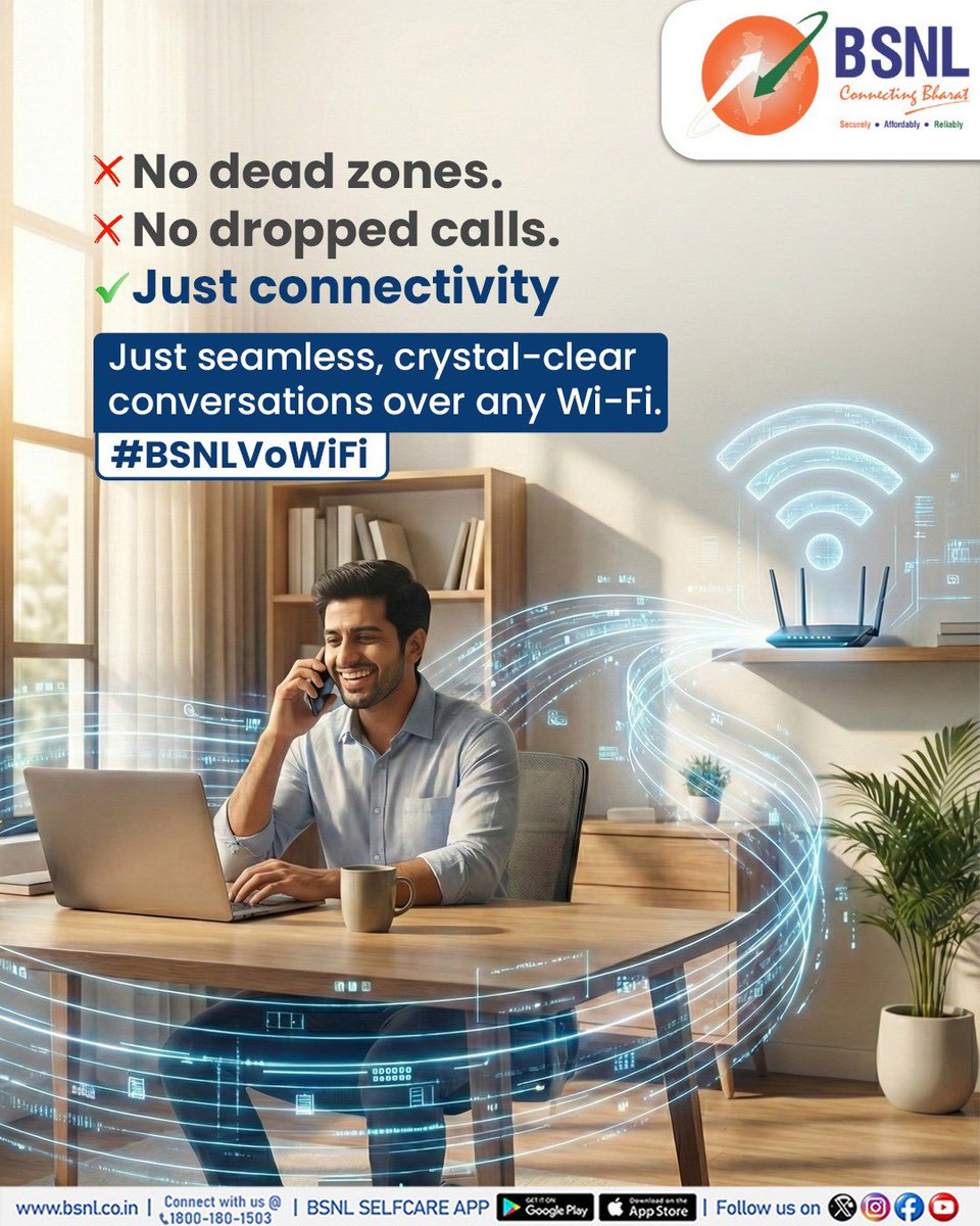BSNL VoWiFi, make seamless, crystal-clear voice calls over any Wi-Fi network, even where mobile signals struggle.

Work from home, basement, or high-rise stay connected without interruptions.

BSNL VoWiFi. Because clarity matters.

#BSNLVoWiFi #WiFiCalling #SeamlessConnectivity