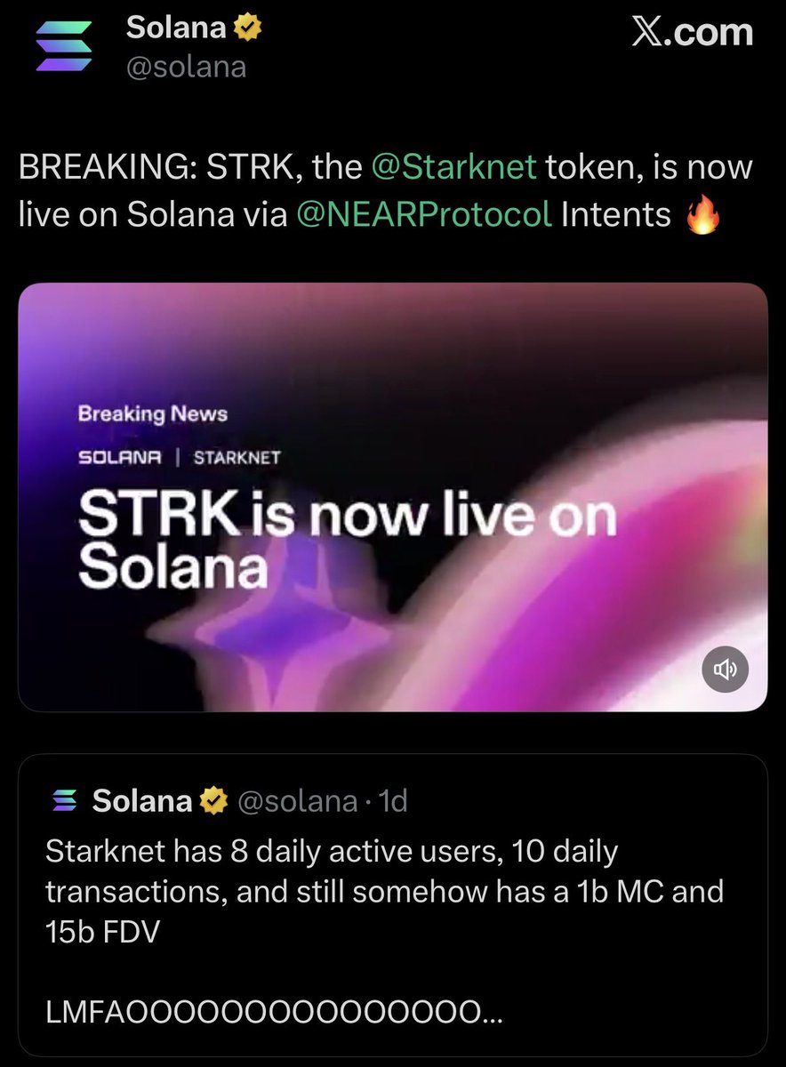 🔥 Exciting update: $STRK IS LIVE ON SOLANA 🔥

explore-starknet.com

The Starknet token is now bridged via 
<a href="/NEARProtocol/">NEAR Protocol</a> 
Intents

You can spot STRK in your favorite Solana apps
Rewards are already up for grabs

→ Starknet is expanding on Solana
→ NEAR is making it happen