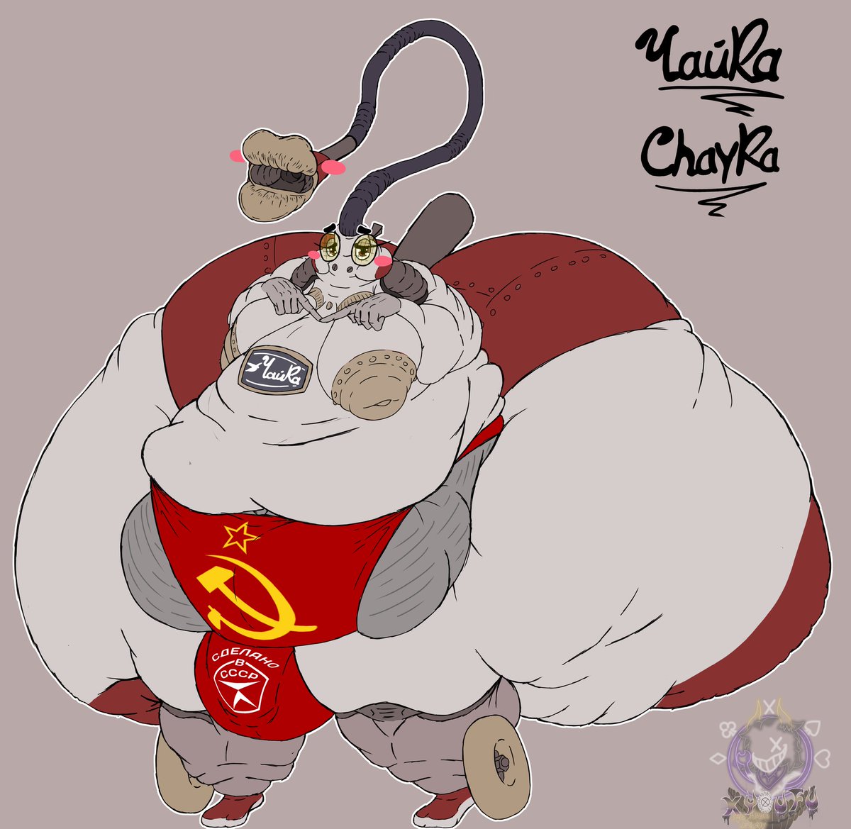 Hi from Abyss 🜍
Kyoufu here! I passed exams, diploma is left
Drawing stuff for game, we have one more exclusive milf
But for now wanna show my one new oc. Soviet vacuum cleaner boy, Chayka!  :3
Huge, chubby, shy
#rule34 #giants #hypersize #nsfw #vorebelly #chubby #femboy #thicc