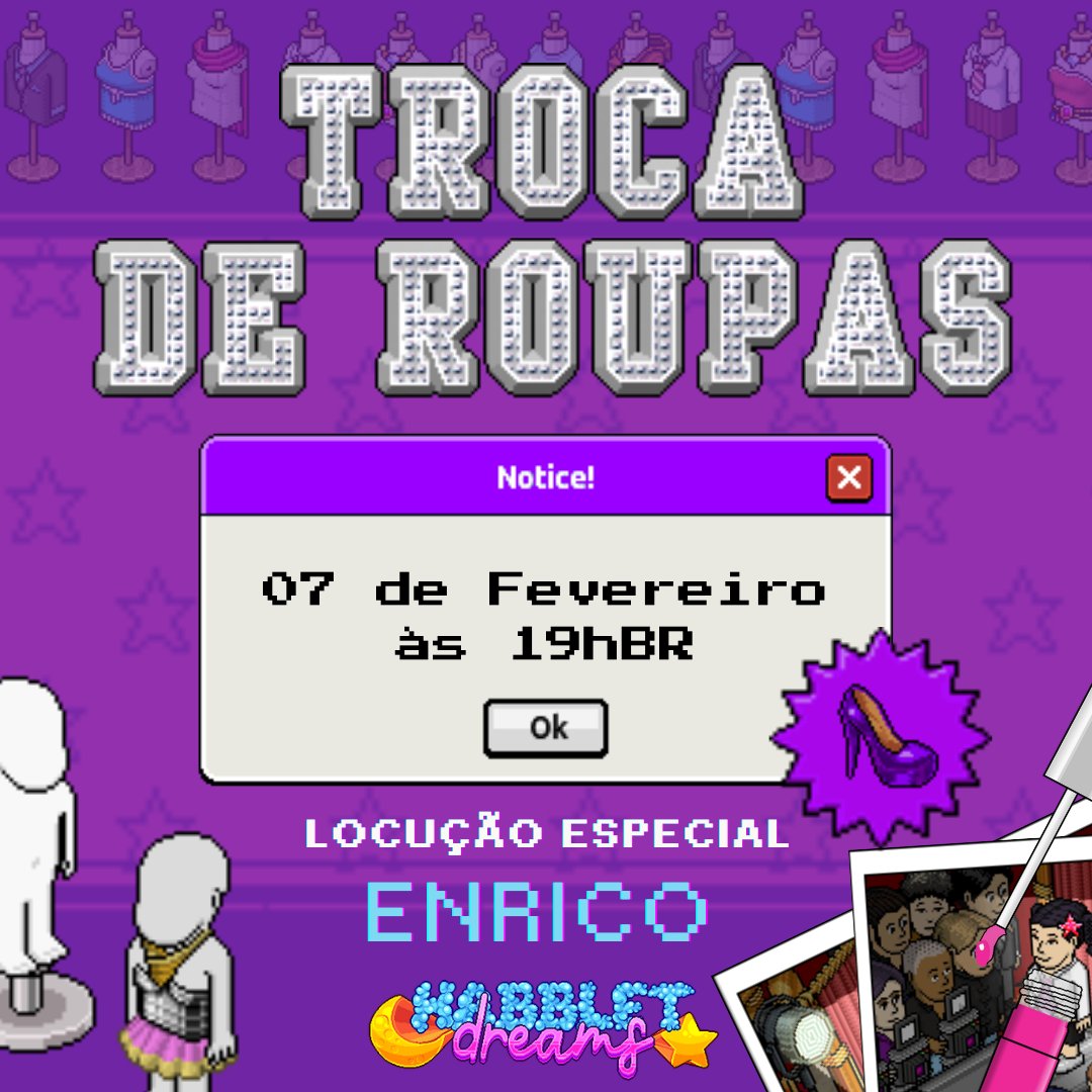 Já preparou seu look? Hoje tem evento de "Troca de Roupas", às 19 horas no <a href="/MeuHabblet/">Habblet</a>. Todos estão convidados para jogar, assistir e torcer. Ao final do evento será entregue um emblema para todos! 👠

#Habblet #HabbletDreams