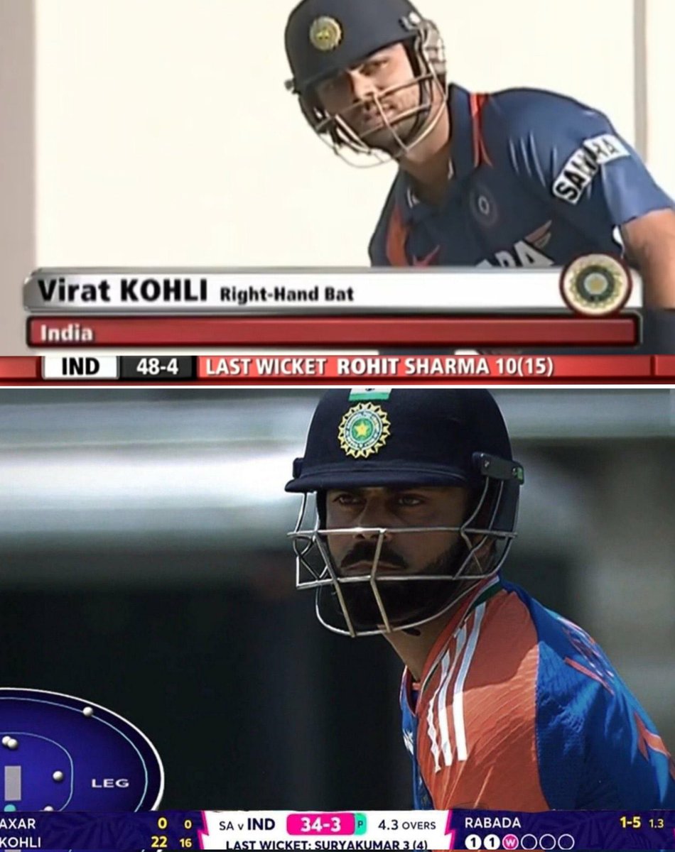 VKx76's tweet photo. Kohli's first t20I (saved Ind from 48-4) 
Kohli's last t20I (saved Ind from 34-3) 

His t20I career is a poetic story of carryjobs https://t.co/QiixIERITU