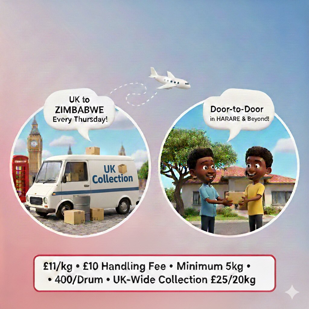SmartGoParcelUK's tweet photo. Need to send a parcel to Zimbabwe? 🇿🇼 We fly every Thursday! ✈️

✅ £11/kg (Min 5kg)
✅ £400 Drums
✅ UK-wide collection from £25
✅ Door-to-Door delivery in Harare &amp; nationwide

Reliable. Weekly. Secure. 📦
#UKtoZim #Zimbabwe #Harare  

App +447770123298 @SmartGoParcelUK https://t.co/5HxPQdBPhz