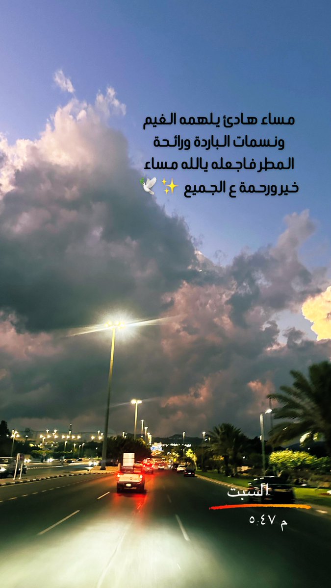 🕊️🌹
مساء هادئ يلهمه الغيم  ونسمات الباردة ورائحة المطر فاجعله يالله مساء خير ورحمة ع الجميع ✨🕊️