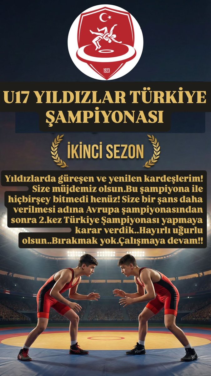 tahaakgul's tweet photo. U17 Yıldızlarda güreşen sporcularımıza müjdemiz;

Yıldızlar kategorisinde biten Türkiye Şampiyonasında yenilen kardeşlerimize bir şans daha verilmesi adına federasyon olarak bir karar aldık ve Avrupa Şampiyonası sonrası 2.kez U17 Yıldızlar Türkiye Şampiyonası yapmaya karar verdik..Bu sayede mücadeleyi bırakmadan sene sonuna kadar konsantre bir şekilde çalışmaya devam edecekler inşallah..Camiamıza hayırlı olsun..