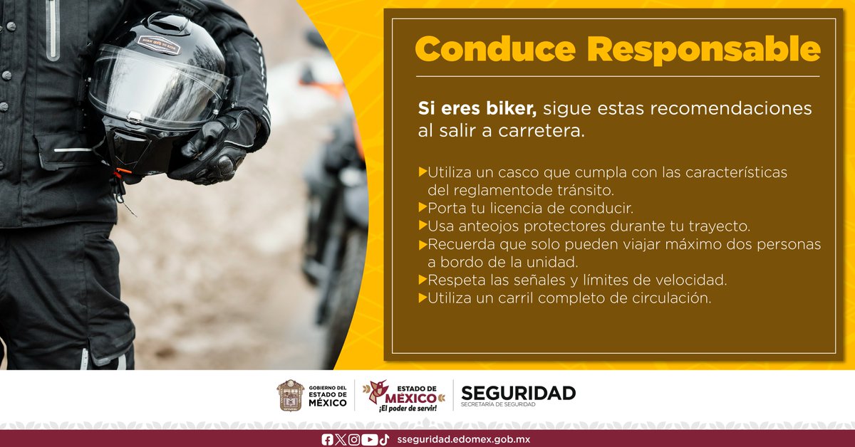 SS_Edomex's tweet photo. 🏍️Si eres #Biker, sigue las siguientes recomendaciones y #ConduceResponsable.
Ante cualquier duda, consulta el reglamento de tránsito. https://t.co/TxGrrnQ4mg https://t.co/T9OEjyyuaF