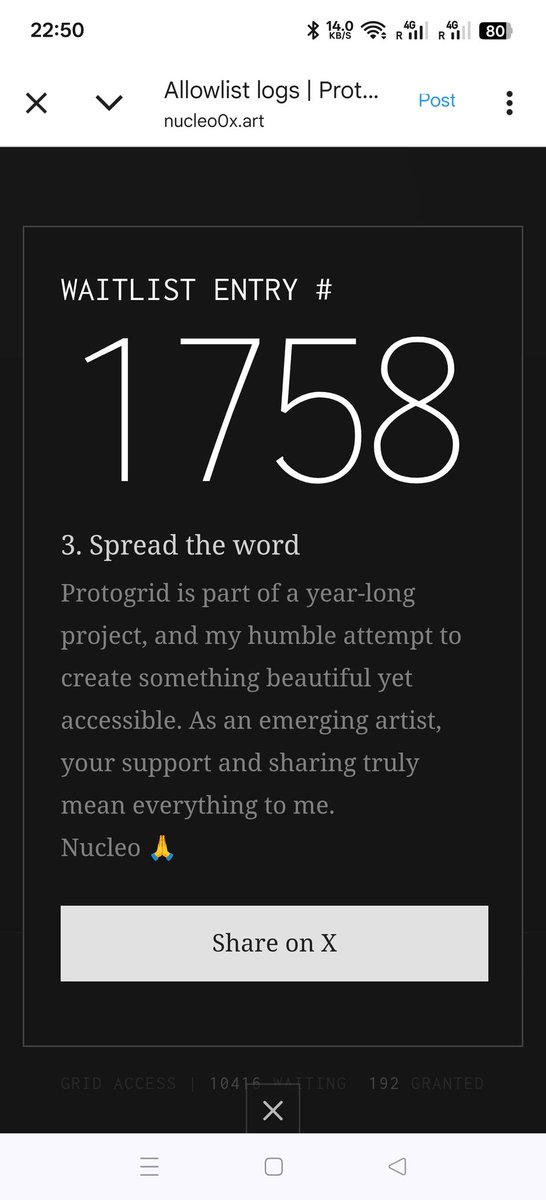 Still in the wait list.
Probably nest batch.
Hoping

AI-powered algorithmic grids by <a href="/nucleo_art/">Nucleo</a>
Free on Ethereum.
