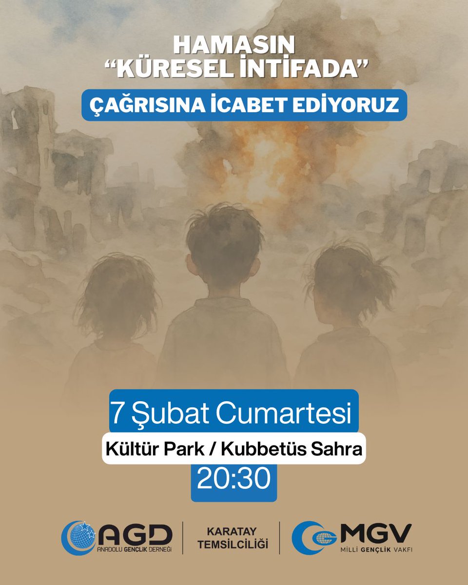 HAMASIN "KÜRESEL İNTİFADA" ÇAĞRISINA İCABET EDİYORUZ

🗓️ 7 Şubat Cumartesi 20.30
📍 Kültür Park / Kubbetüs Sahra Meydanı