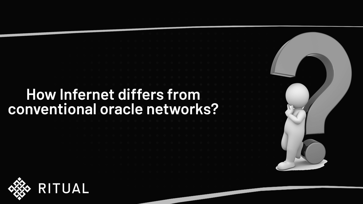 How Infernet differs from conventional oracle networks? 

Conventional Oracle networks essentially deliver information but do not perform logic, whereas Infernet already performs the calculation function.

It is also not limited by the type of task. It is universal.

<a href="/ritualnet/">Ritual</a>