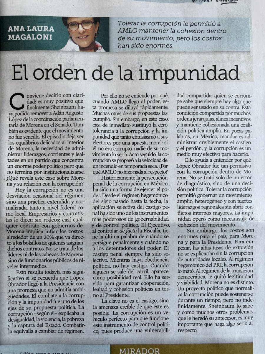 ferbelaunzaran's tweet image. Lean a @magalonik:

El orden de la impunidad

“Ello ayuda a entender por qué López Obrador fue tan permisivo con la corrupción dentro de Morena. No se trató solo de un error de diagnóstico, sino de una decisión política”