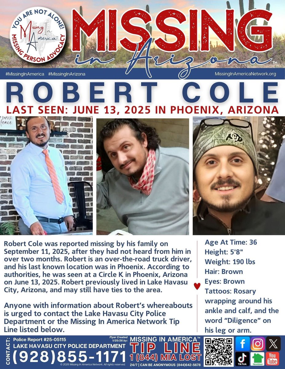 missingNamerica's tweet image. 🚨 Missing In Arizona – PLEASE SHARE 🚨

Robert Cole has been missing since June 13, 2025, and his family is desperately searching for answers. He was last seen at a Circle K in Phoenix, Arizona. Robert is an over-the-road truck driver and may still have ties to Lake Havasu City,
