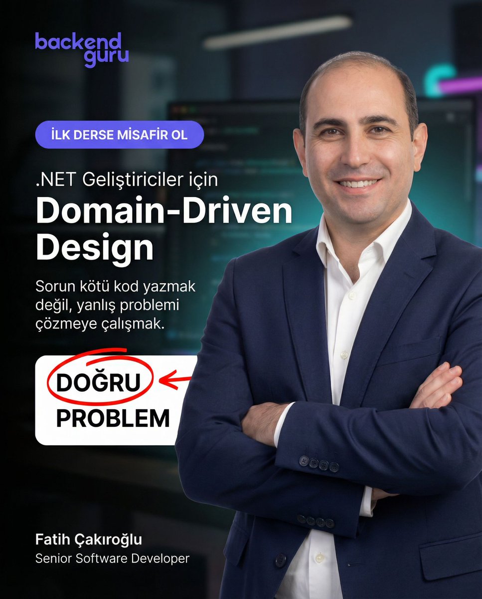 Backendguru_'s tweet photo. Sorun kötü kod yazmak değil, yanlış problemi çözmeye çalışmak.

🚀 10 Şubat Salı başlıyoruz. Eğitmenimiz Fatih Çakıroğlu'nun @fcakiroglu16  ilk dersine misafir olarak katıl. 
Kayıt linki 👉https://t.co/jC6mAovMhf
👉 Kontenjan dolmadan yerini ayırt.

Kariyerinde sıçrama yapan .NET Backend’ciler, Domain-Driven Design’ın en temel 4 aşamasını doğru yerden öğrenerek başlar.

Projeler hızlı başlar.
Bir noktadan sonra her değişiklik riskli hale gelir.

“Senior” olamayan geliştiricilerin büyük kısmı
aynı hatayı yapar:
domain’i anlamadan kod yazar.

Bu yüzden 2026’da şirketlerin en çok aradığı yetkinliklerden biri:
Domain-Driven Design (DDD)