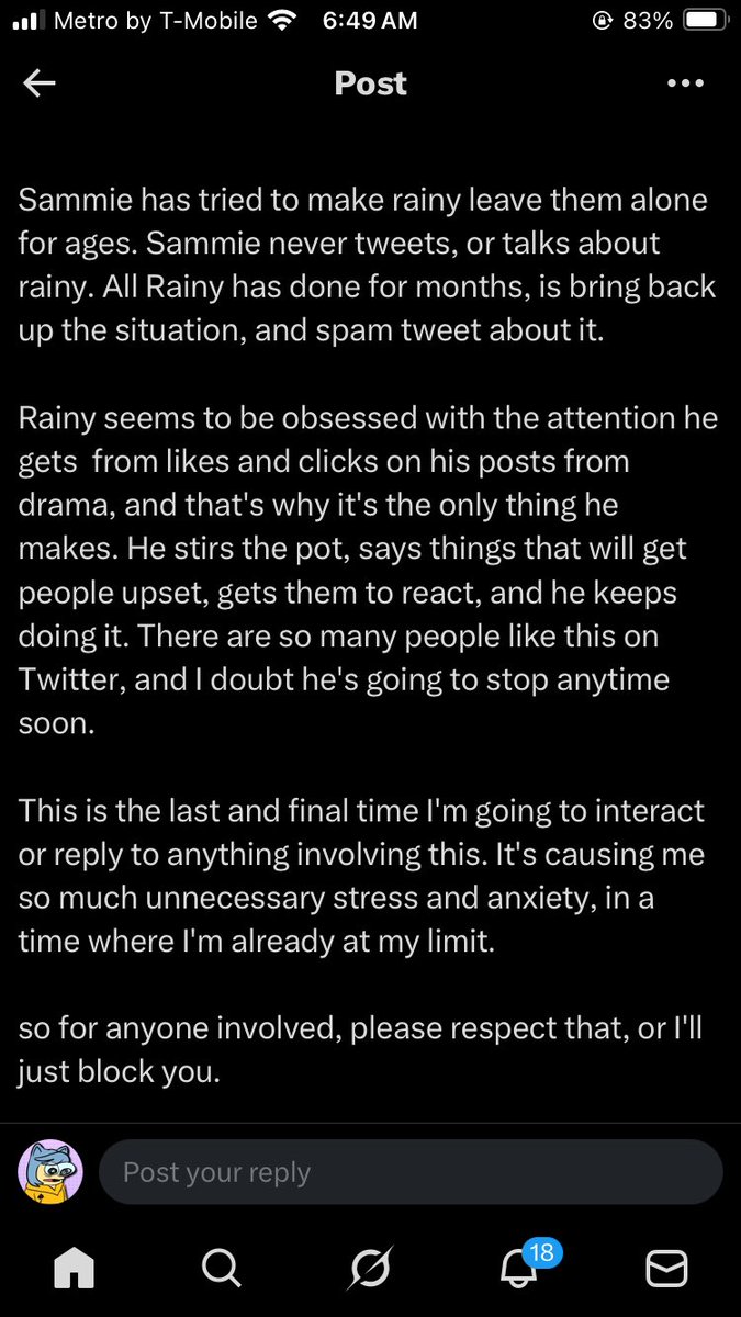 I would like to add something too, I never sent anyone to harass you.

You know this, I don’t have a big community. And the wide majority of people that went to harass you this week DO NOT represent me or my community and I would appreciate it if you or anyone would not linked